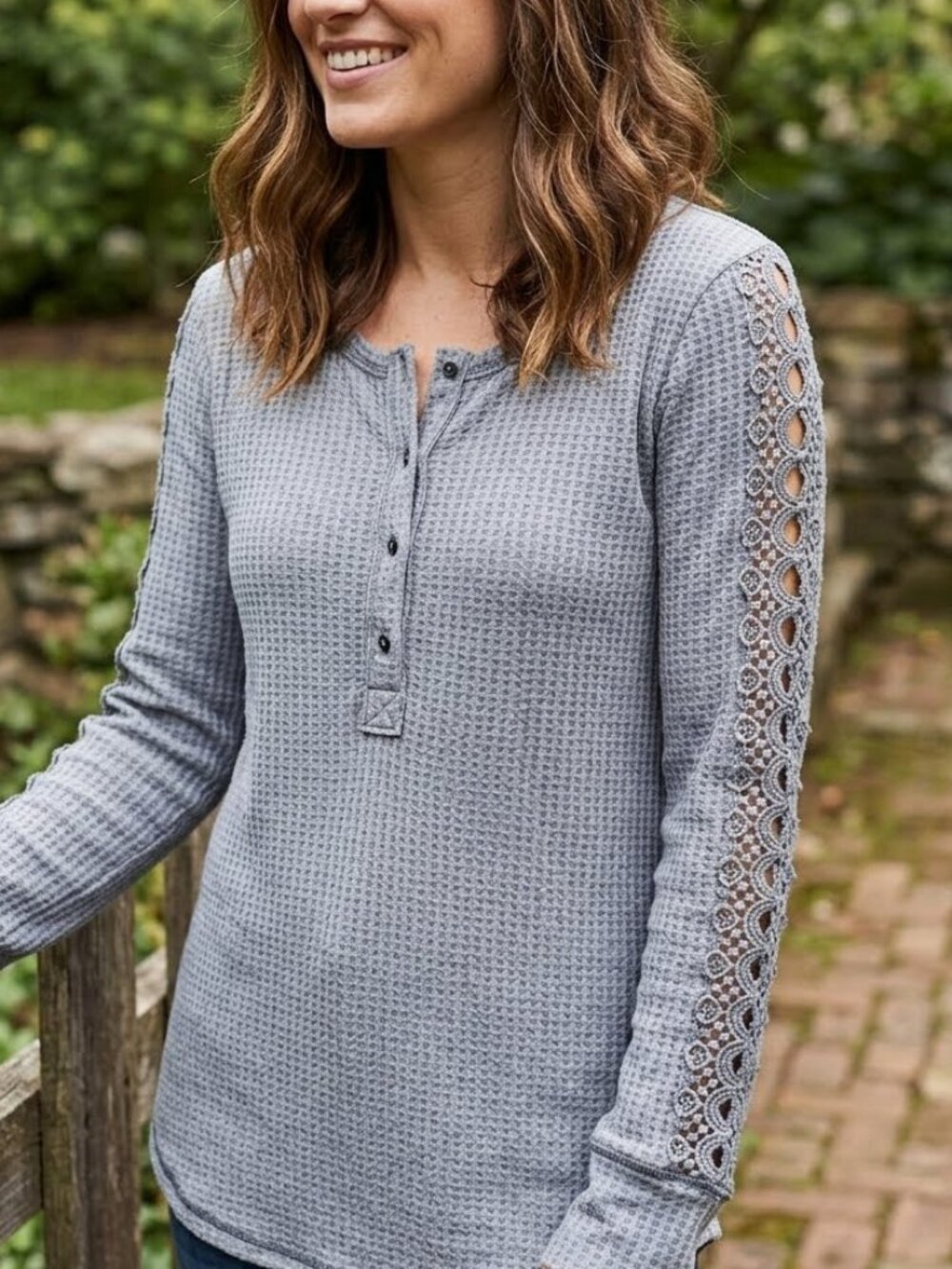 Mystyle Women's Gray Top Long Sleeve Waffle Sweater Size S Lace Panel Sleeves